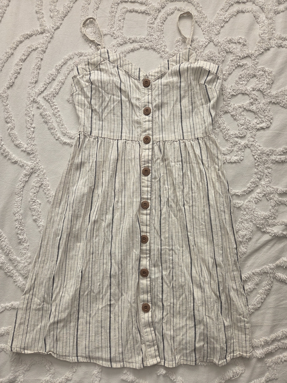 SO Cream Dress with Navy Pinstripes and Wood Buttons